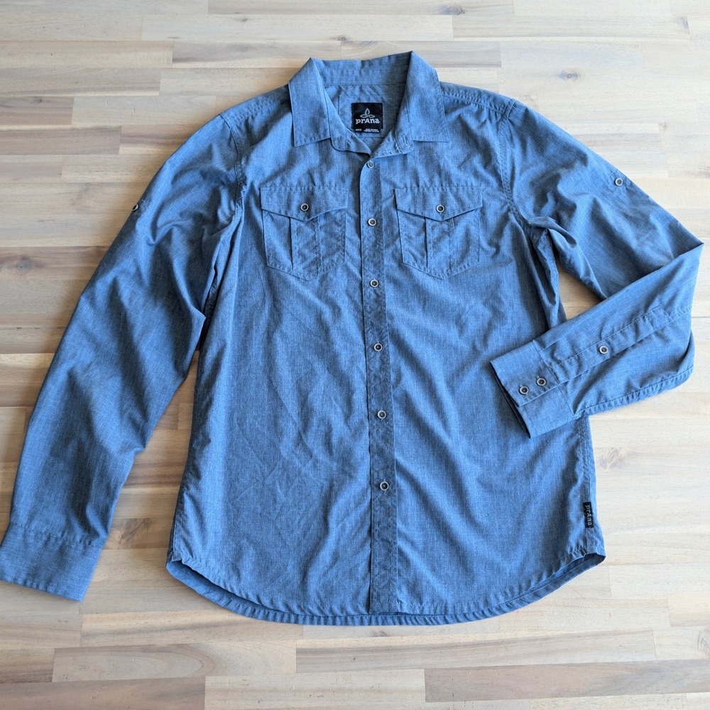 Prana Mens‎ Blue Heathered Long Sleeve Button Up Shirt Roll Tab Pockets Medium